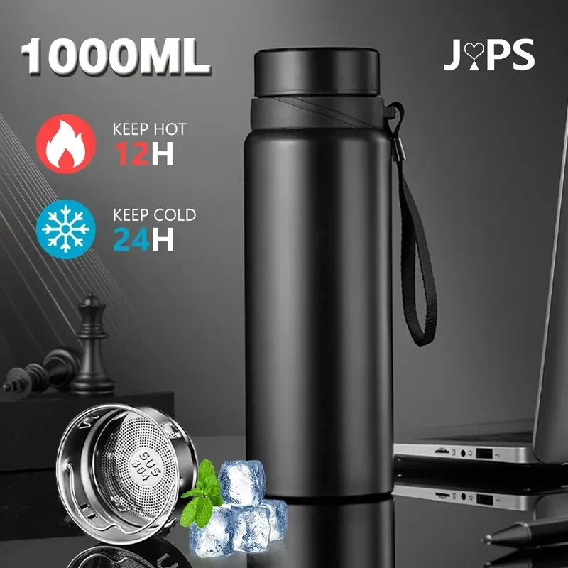 Gourde Isotherme 1L Noir Acier Inoxydable – Grand Thermos Inox Haute Performance