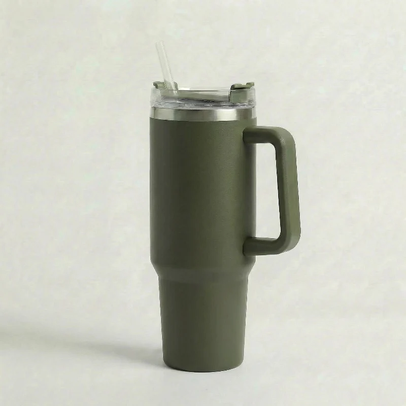 Gourde Isotherme 1,2L Vert Militaire avec Paille et Poignée — Thermos Inox XXL
