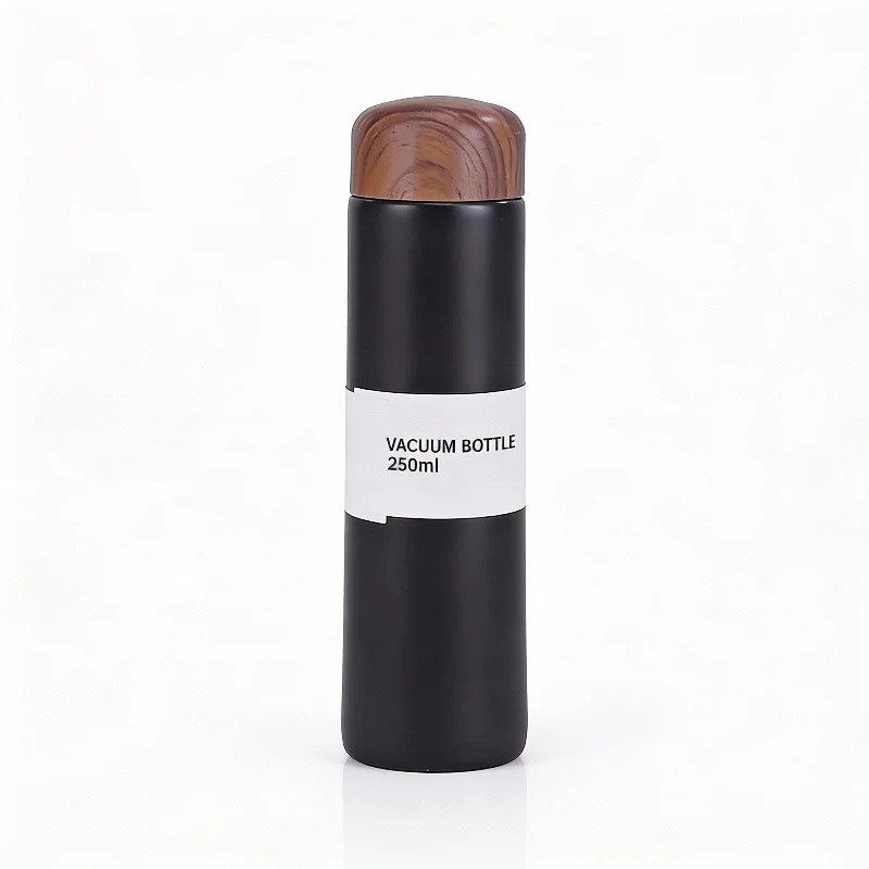 Gourde Isotherme 250ml Noir Bouchon Bois — Inox Double Paroi Sans BPA