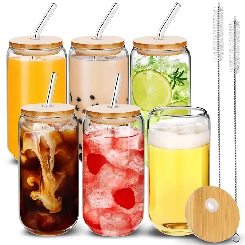 Lot de 6 Gobelet En Verre Avec Paille et Couvercle 500ml