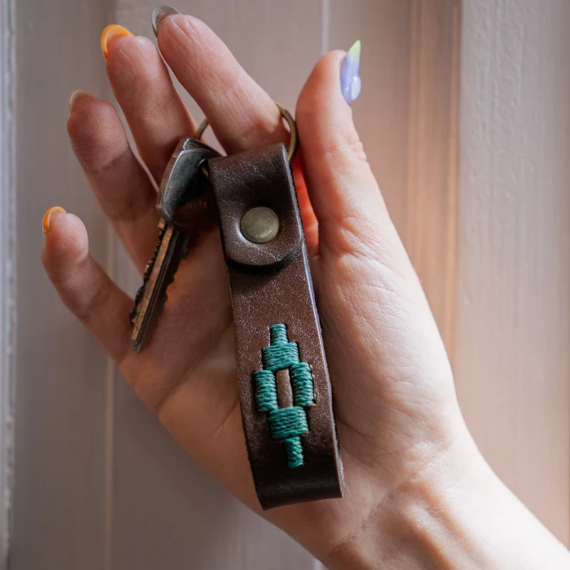 Embroidered Brown Leather Keychain