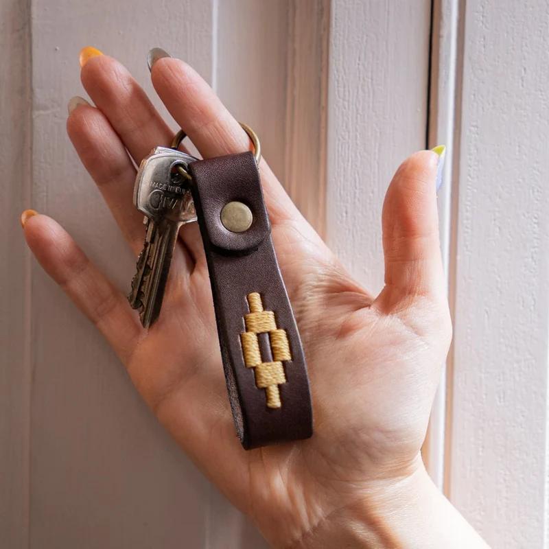 Embroidered Brown Leather Keychain