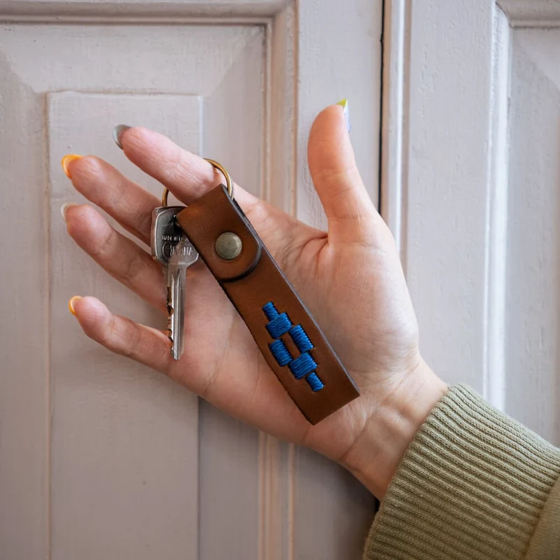Embroidered Tan Leather Keychain