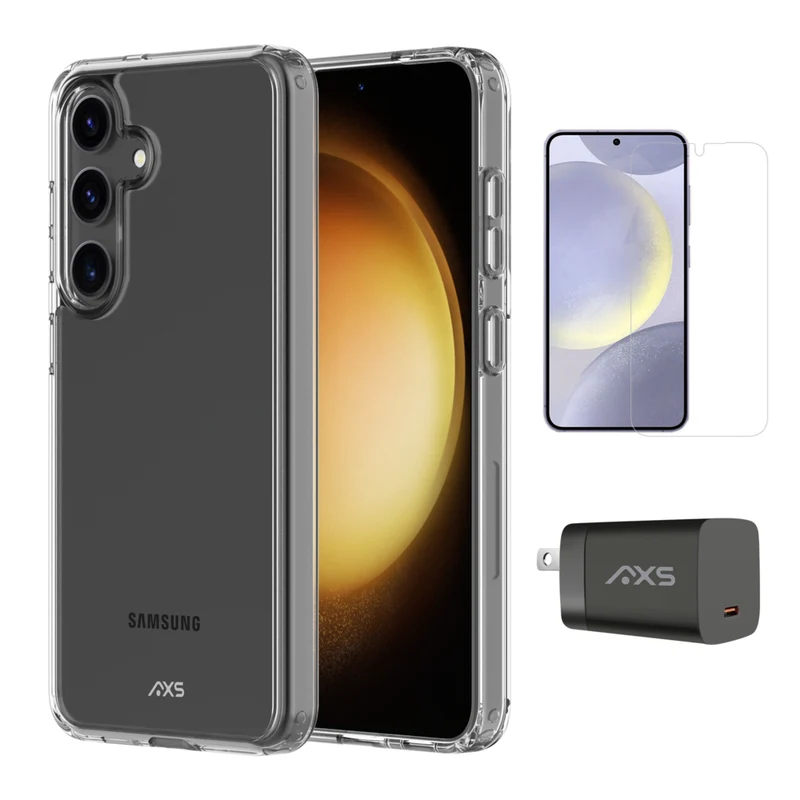 AXS Starter Kit bundle with Ultra Clear Case, Screen Protector and 30w Charger for Samsung Galaxy S24