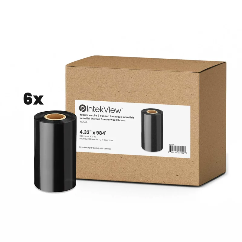 IntekView - Ruban à transfert thermique cire - 4,33" x 984' - Centre 1"- Paquet de 6