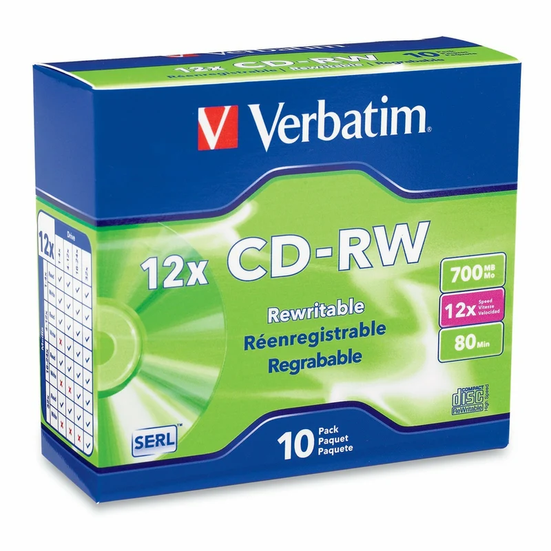 Verbatim CD-RW 700MB 4X-12X High Speed with Branded Surface - 10 Pack