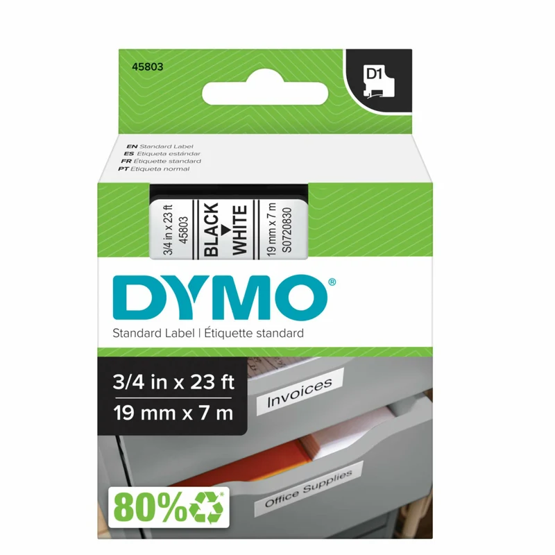 DYMO D1 Label Tape, 19mm (3/4") Black on White