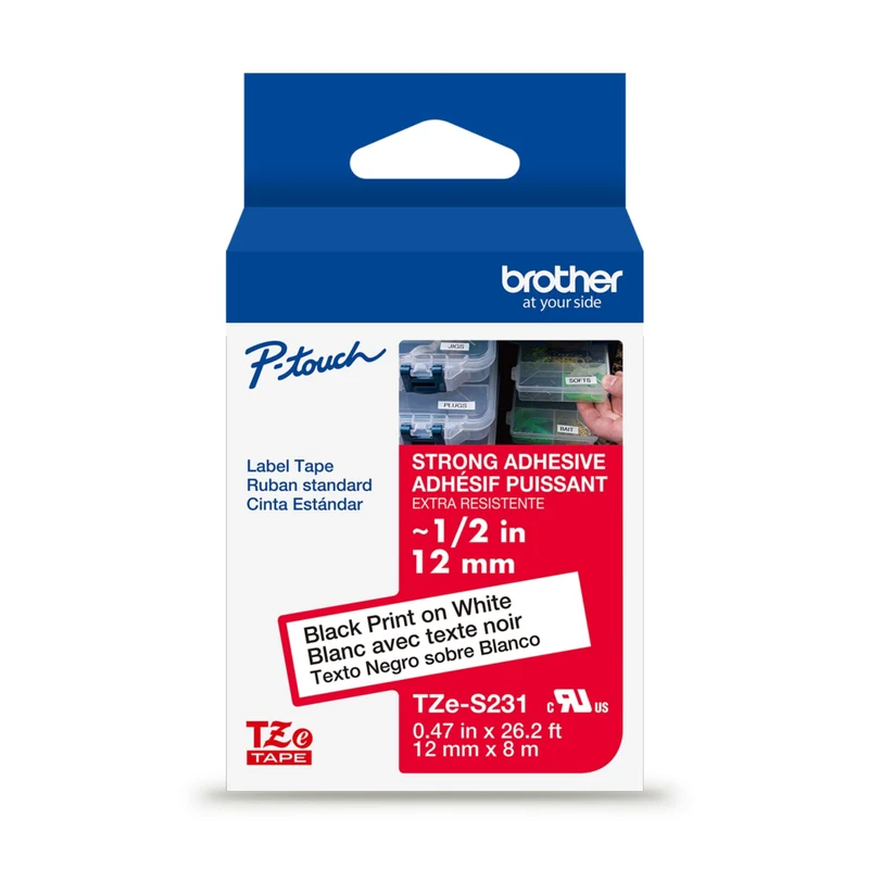 Brother Genuine TZe-S231 Extra Strength Adhesive Tape for P-touch Label Makers - 12 mm wide x 8 m long - Black on White
