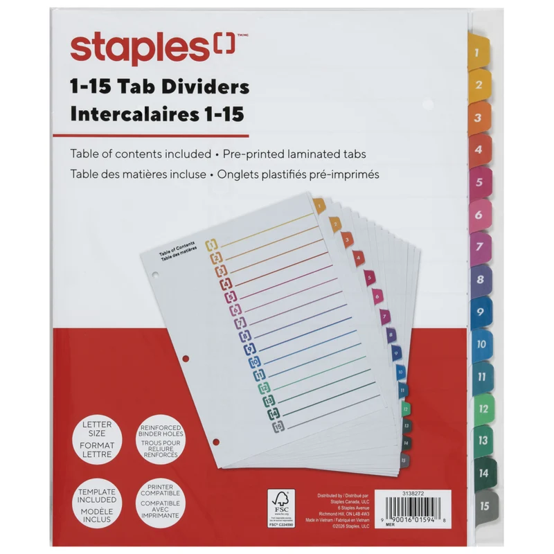 Staples Pre-Printed Index Dividers - 1-15 - Coloured