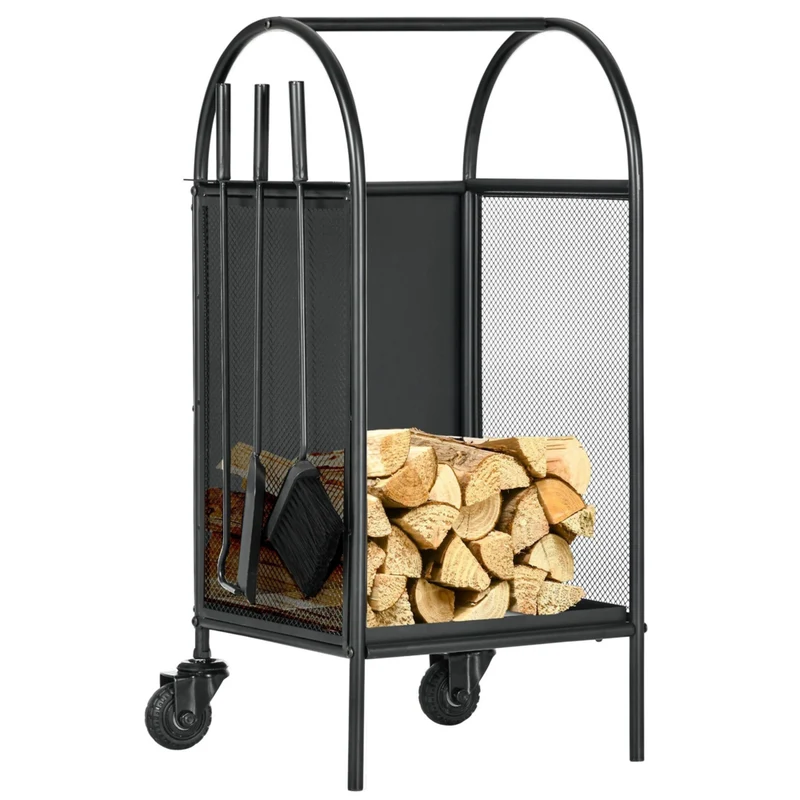 Outsunny - Support à bûches 15 po avec roues- outils- Porte-bûches noir