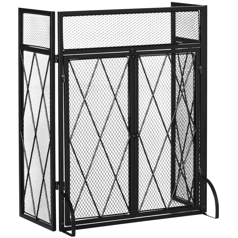 HOMCOM - Pare-étincelles pliant de foyer à 3 panneaux avec porte et écran pare-étincelles, noir