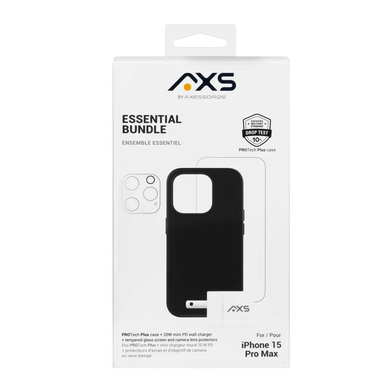 AXS - Essential Bundle Étui PROTech Plus, Protecteur d'écran et chargeur mural 20W pour Apple iPhone 15 Pro Max