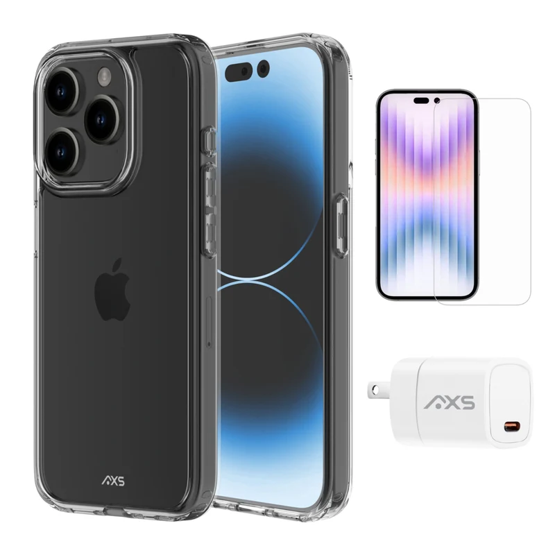 AXS Starter Kit bundle Ultra Clear Case, Screen Protector and 20w Charger for Apple iPhone 15 Pro Max