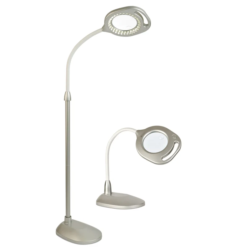 OttLite - Lampe sur pied/de table 2-en-1 avec loupe LED - Clearsun - Argent