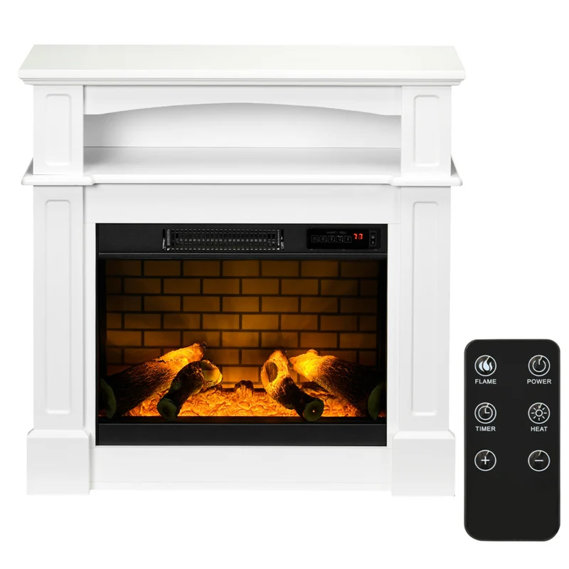 HOMCOM Electric Fireplace Heater with Mantel, Storage and Remote Control - White