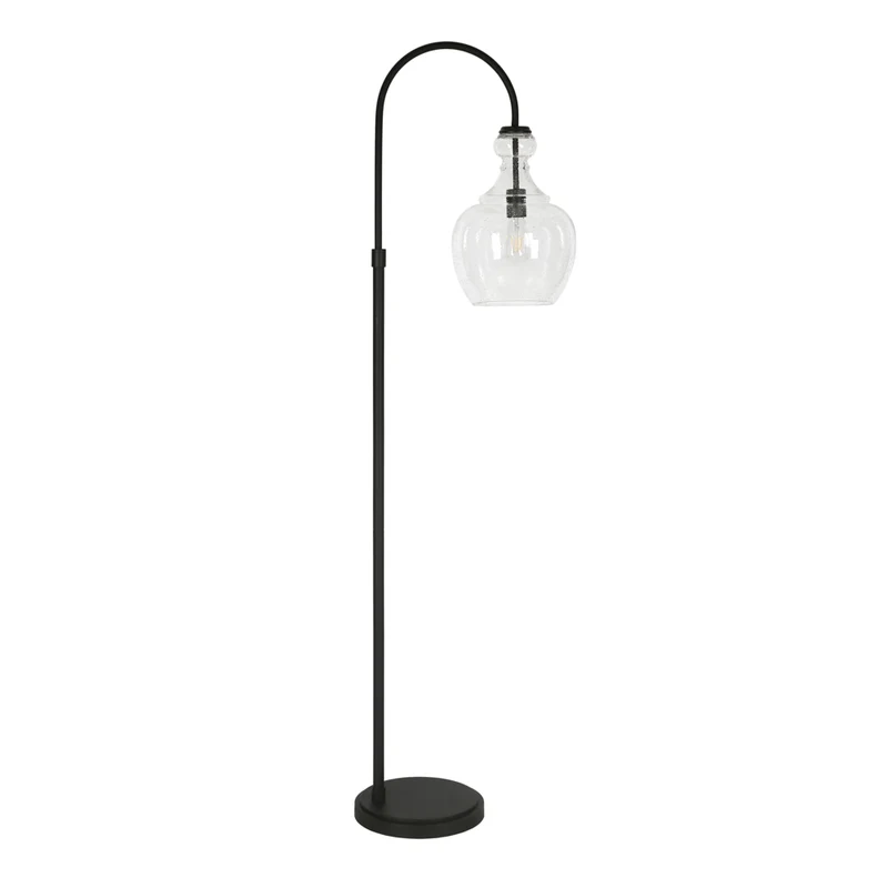 Hudson&Canal Verona Arc Floor Lamp with Glass Shade - Blackened Bronze/Seeded