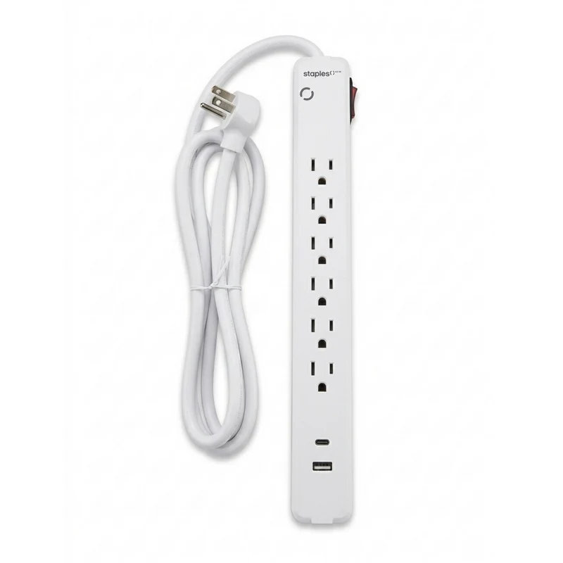Staples Tech – Parasurtenseur à 6 prises de 1 080 J avec ports USB‑A et USB‑C – Câble de 5 pi – Blanc