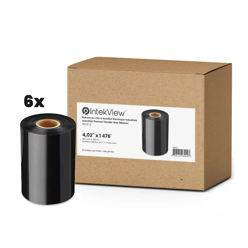 IntekView - Ruban à transfert thermique cire - 4,02" x 1476' - Centre 1"- Paquet de 6