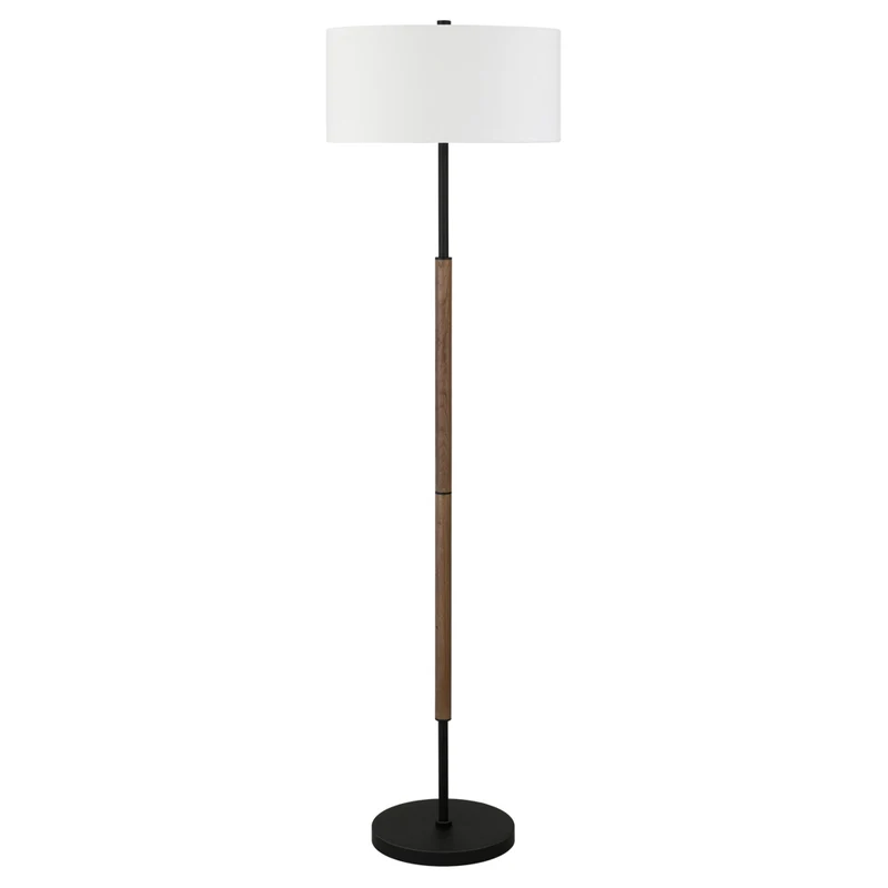 Hudson&Canal Simone 2-Light Floor Lamp with Fabric Shade - Blackened Bronze/Rustic Oak/White