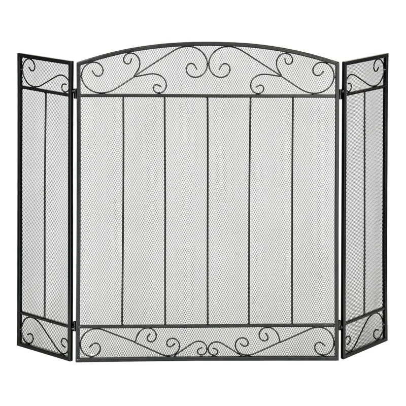 HOMCOM 3-Panel Folding Fireplace Screen with Vine Pattern Metal Mesh - Black