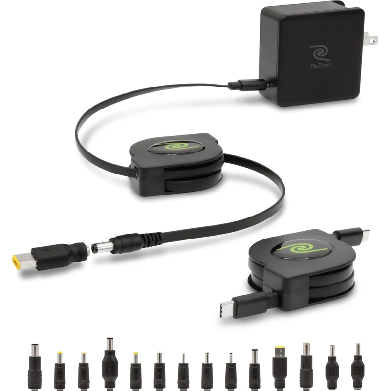 ReTrak 67 W Retractable Universal Laptop Charger and Power Adapter with 14 Tips