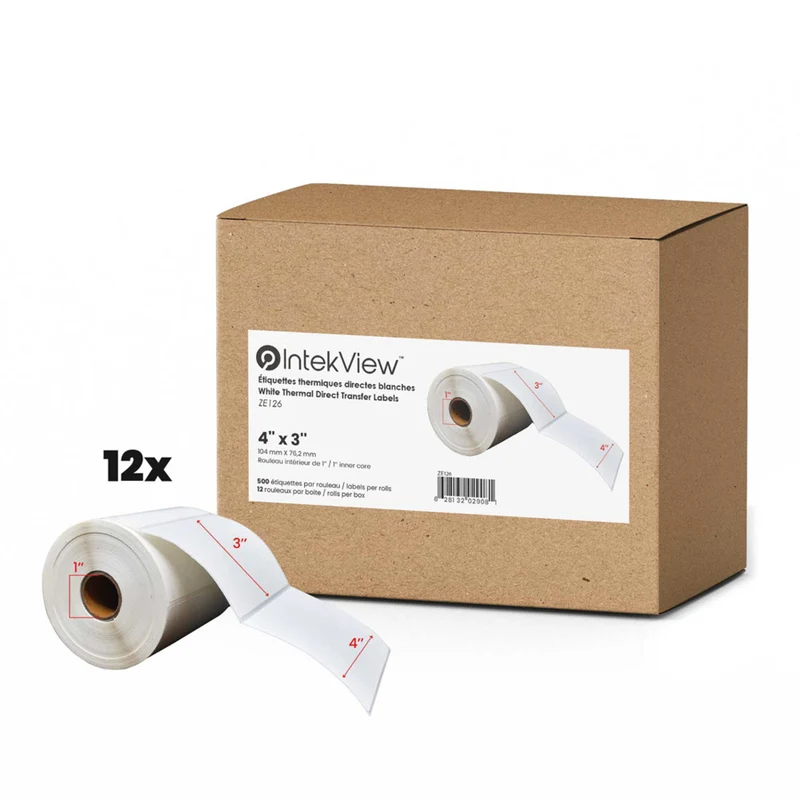 Premium Tape - 4 x 3 po (102 mm x 76 mm) Étiquettes Thermiques Directes - Noyau de 1 po (25 mm) - Paquet de 12