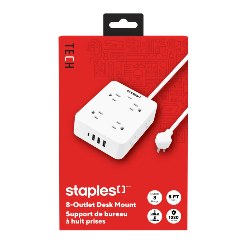 Staples Tech - Parasurtenseur de bureau à 8 prises 1 080 J - 2 ports USB-A et USB-C - Câble de 5 pi - Blanc