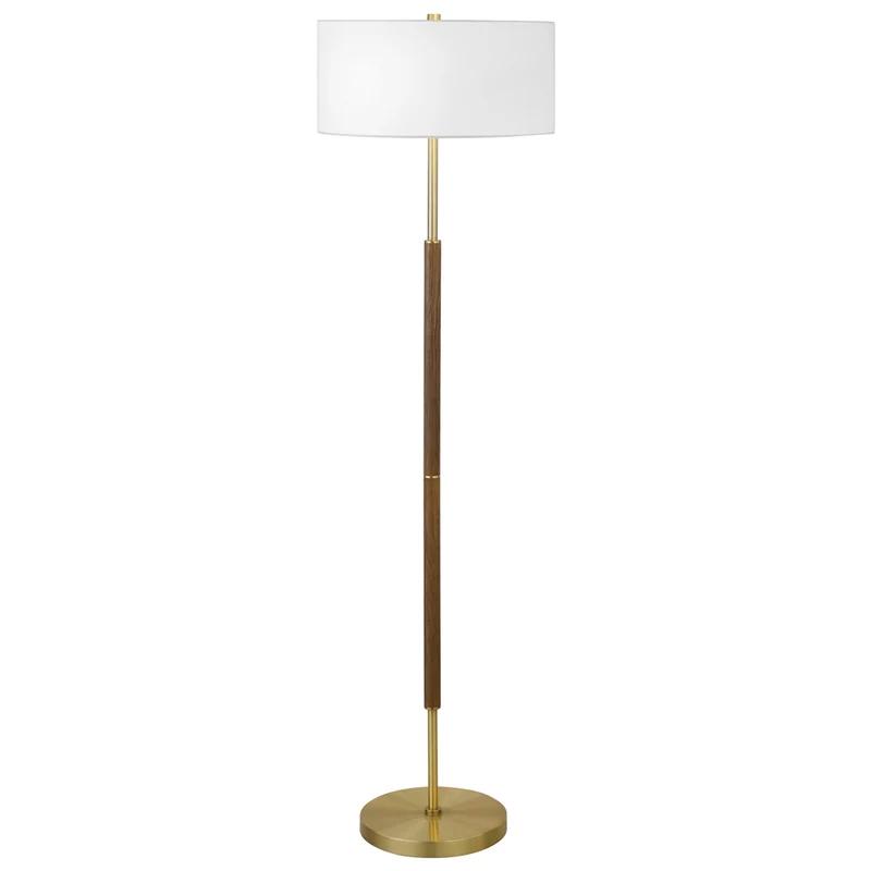 Hudson&Canal - Lampadaire Simone à 2 lumières avec abat-jour en tissu - Chêne rustique/laiton/blanc