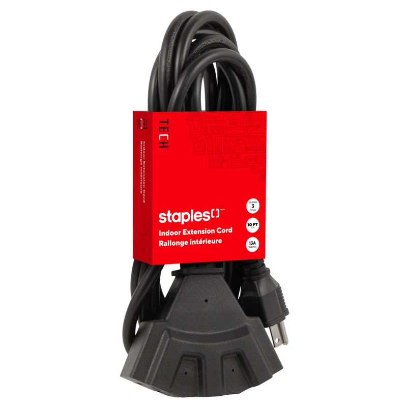 Staples Tech - Rallonge de 10 pi - 3 prises - Noir