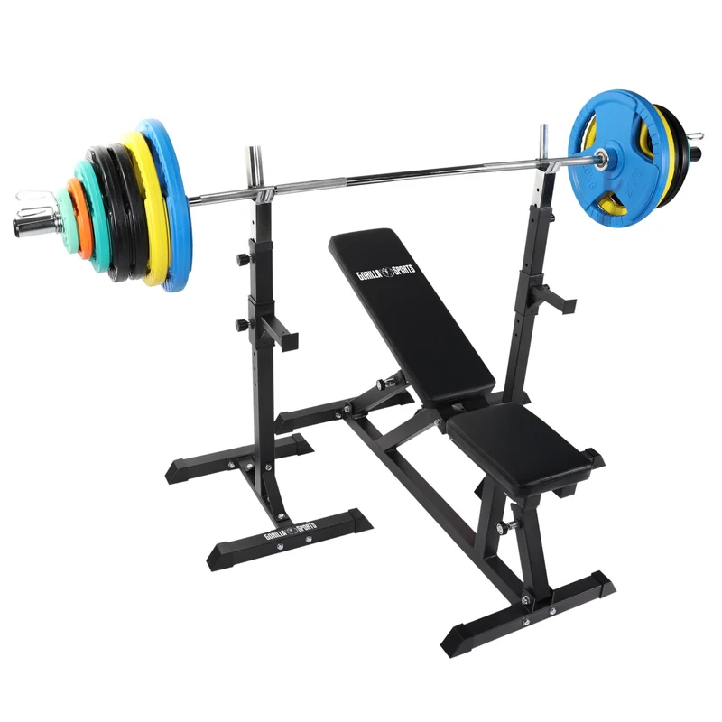 Banc de musculation avec support et set d'haltères olympiques 150 kg