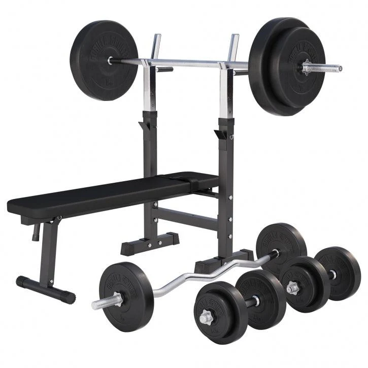 Banc de musculation pliable avec haltères et barres 100 kg