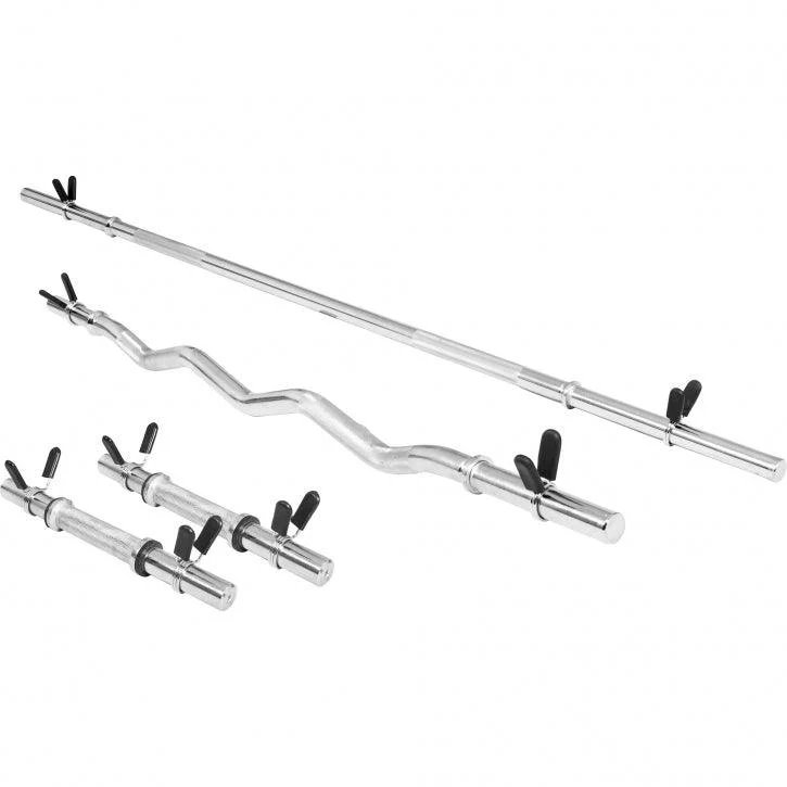 Set - barre longue, barre curl SZ, deux barres courtes et stop-disques