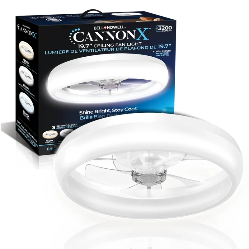 Bell+Howell - Ventilateur de plafond CannonX à profil bas de 50 cm (19,7 po) avec éclairage et télécommande - Blanc