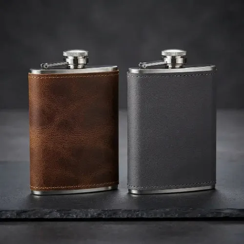 Gourde Plate de Poche | Flasque à Whisky en Acier Inox et Cuir