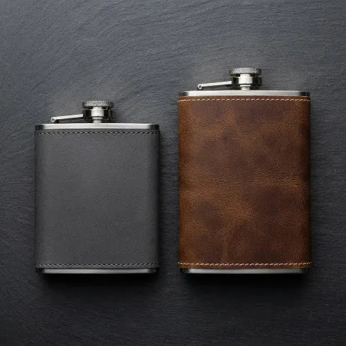 Gourde Plate de Poche | Flasque à Whisky en Acier Inox et Cuir