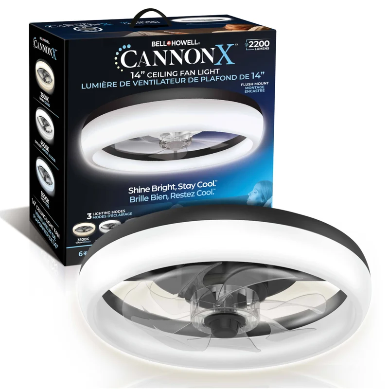 Bell+Howell - Ventilateur de plafond CannonX à profil bas de 35,5 cm (14 po) avec éclairage et télécommande - Noir