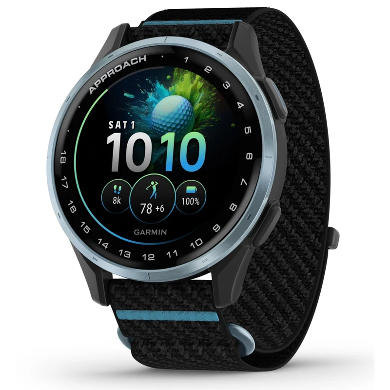 Garmin Approach J1 Smartwatch - Cloud Blue Aluminum Bezel with Black/Azure ComfortFit Fabric Band