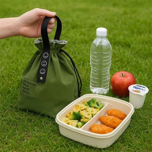 Sac à Déjeuner Isotherme en Toile avec Cordon de Serrage | Style Bento Japonais