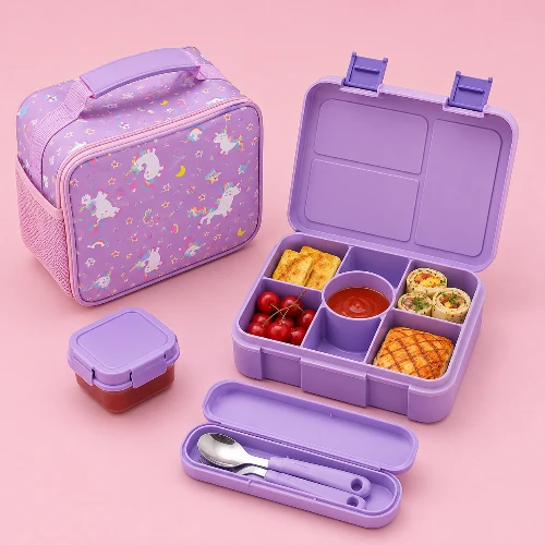 Kit Lunch Box Enfant Multi-Compartiments avec Sac de Transport et Couverts