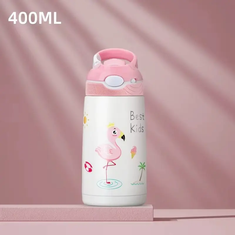 Bouteille isotherme enfant 400 ml inox 316 – Paille & motif animal | DuckySip