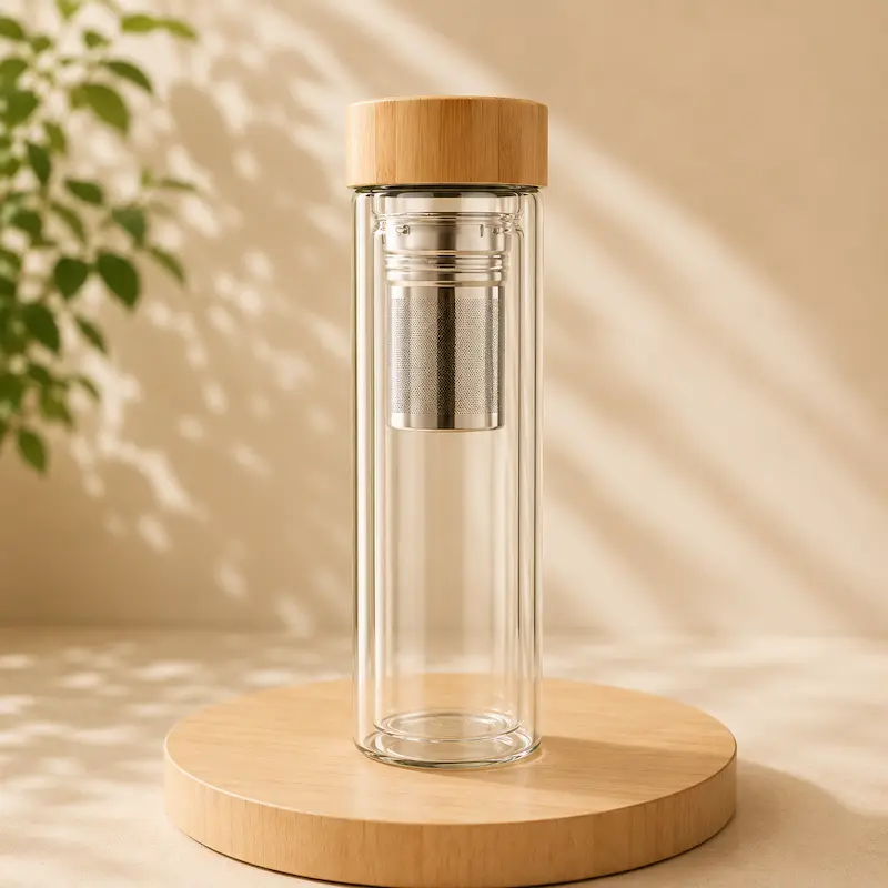Bouteille infuseur verre double paroi – Couvercle bambou | BambooSip