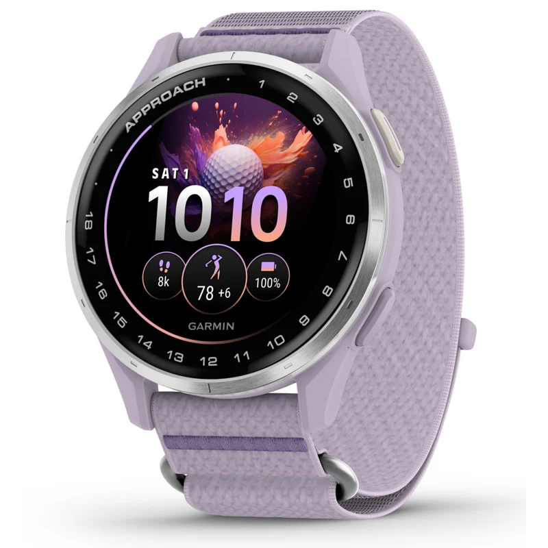 Garmin Approach J1 Smartwatch - Silver Aluminum Bezel with Lilac ComfortFit Fabric Band