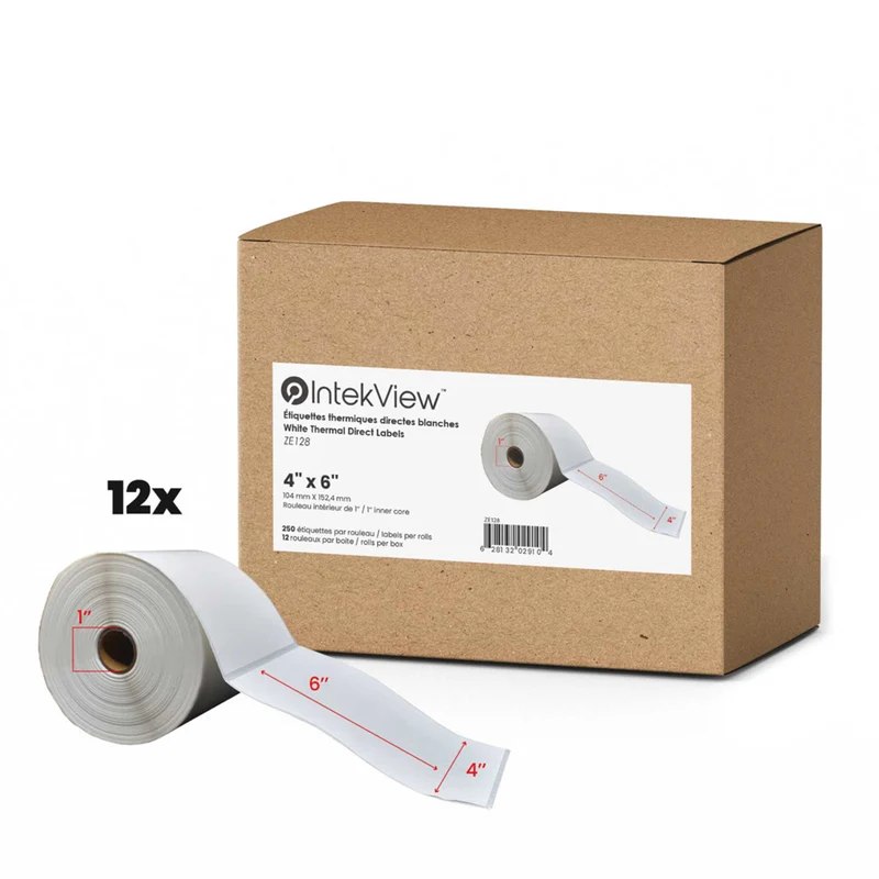 Premium Tape - 4 x 6 po (102 mm x 152 mm) Étiquettes Thermiques Directes - Noyau de 1 po (25 mm) - Paquet de 12
