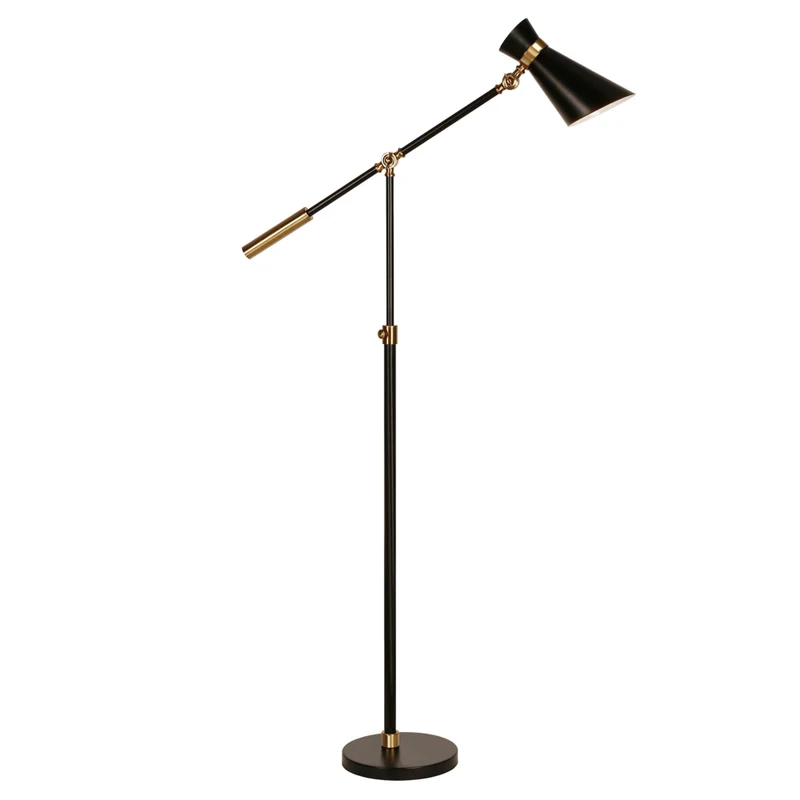 Hudson&Canal Rex Two-Tone/Height-Adjustable Floor Lamp with Metal Shade - Black/Brass/Black