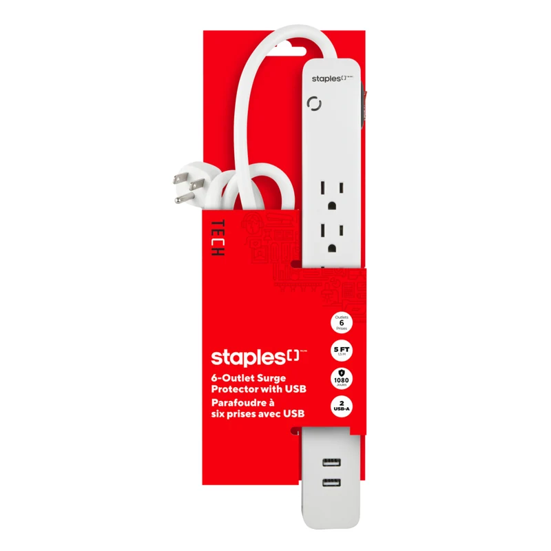 Staples Tech 1080J 6 Outlet Surge Protector - 2 USB-A Ports - 5' Cable - White