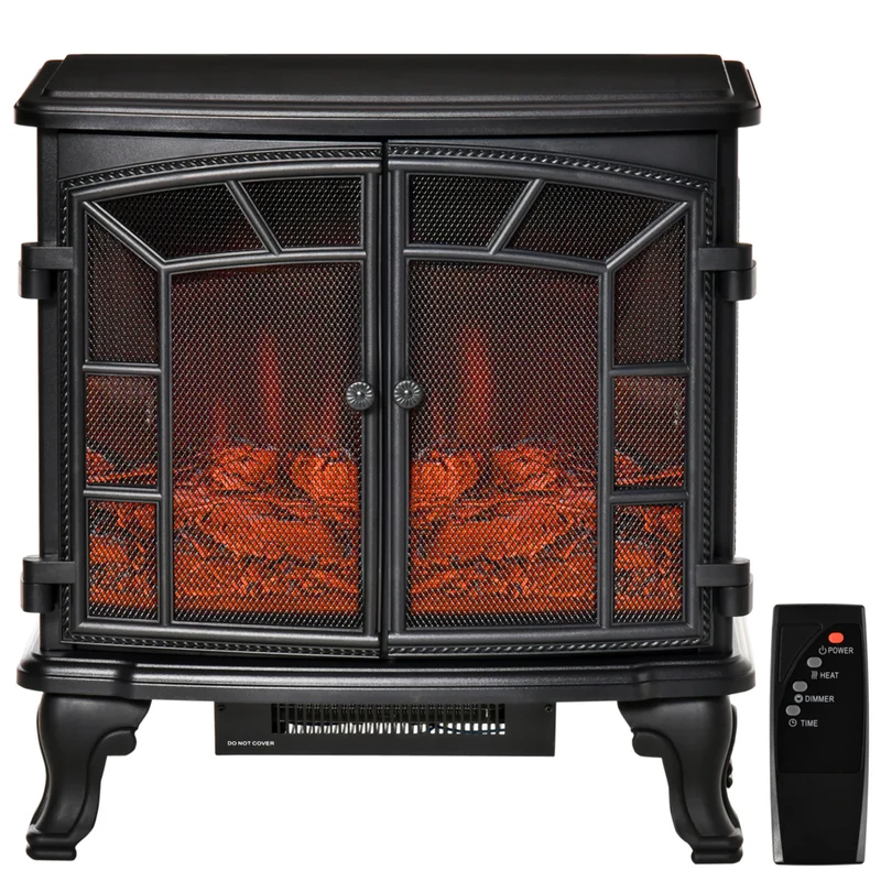 HOMCOM Freestanding Electric Fireplace Heater with Flame Effect and Timer - Black