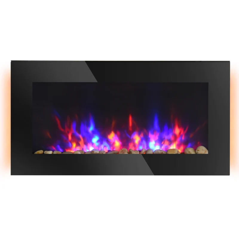 HOMCOM Wall-Mounted Electric Fireplace with Flame Effect and 7 Colour Backgrounds - Black