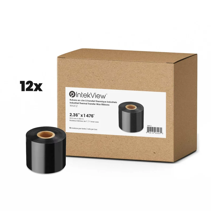 IntekView - Ruban à transfert thermique cire - 2,36" x 1476' - Centre 1"- Paquet de 12
