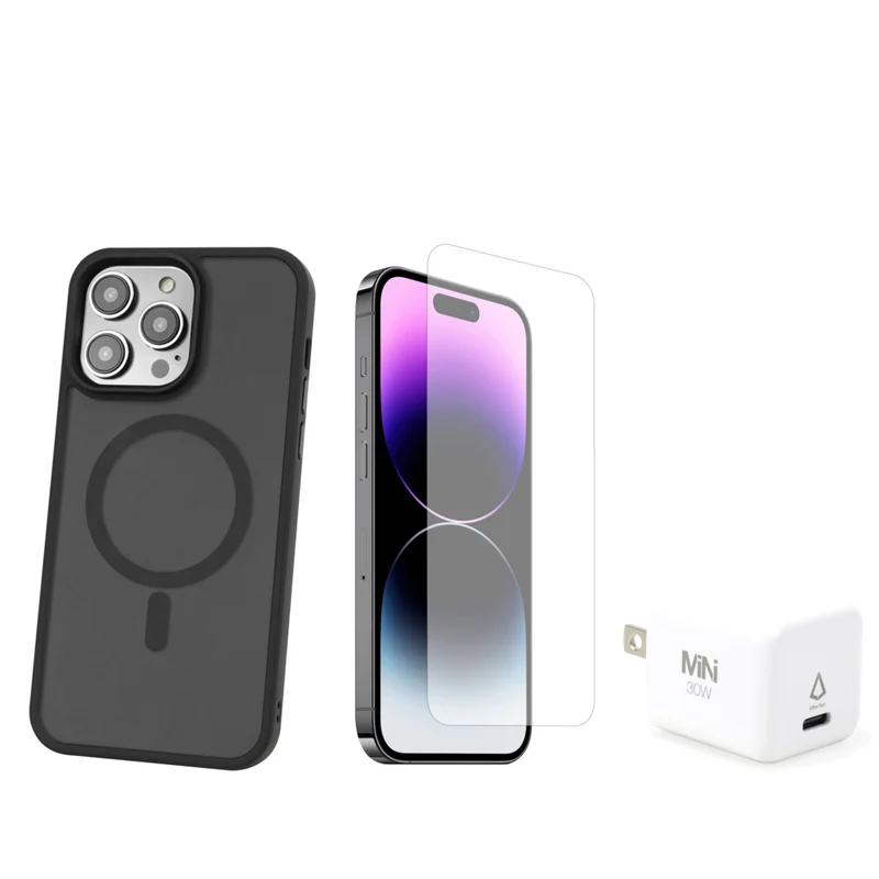 TUFF8 Glide Guard with Screen Protector and Wall Charger For iPhone 15 Pro - Smoke Black