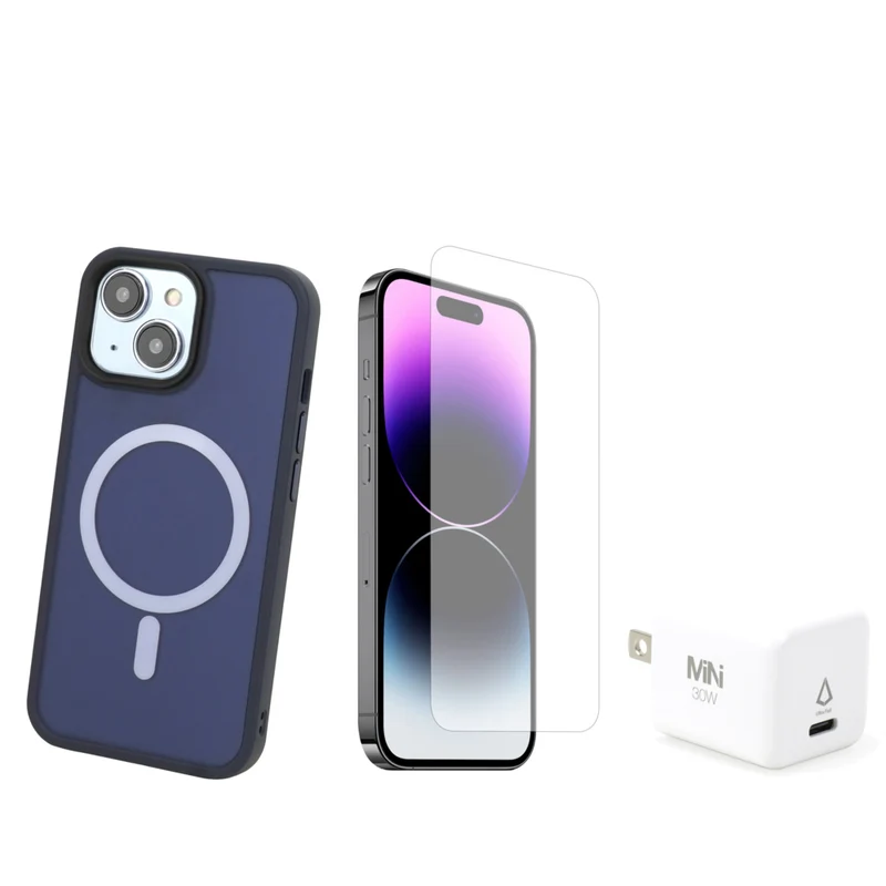 TUFF8 Glide Guard with Screen Protector and Wall Charger For iPhone 15 Plus - Midnight Blue